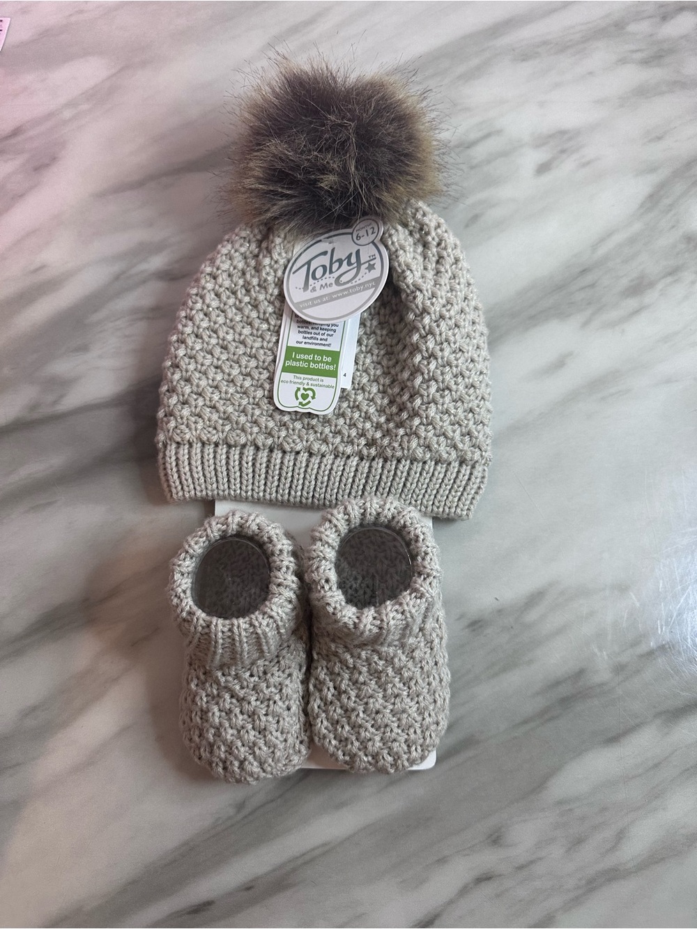 Toby & Me Cream Knit Baby Hat with Faux-Fur Pom and Matching Booties